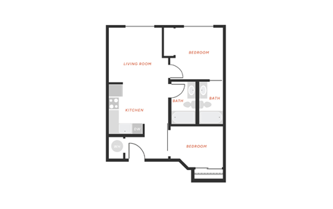 Floor plan for 2 beds, 2 baths, 925 sqft